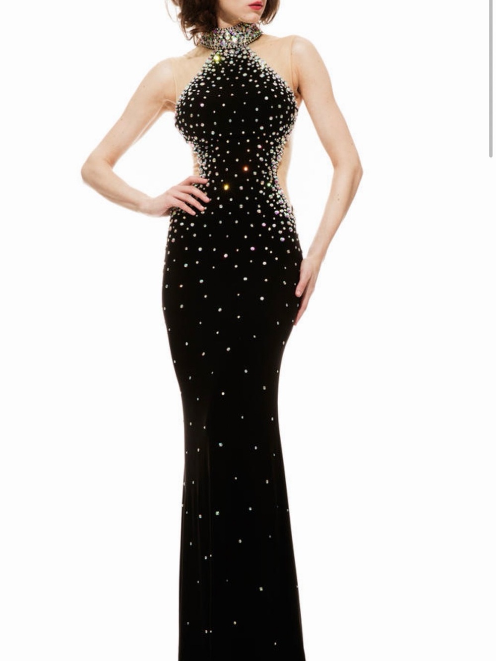Johnathan Kayne Black Halter Gown Dress Iridescent Crystal Accents Sz 0 Prom